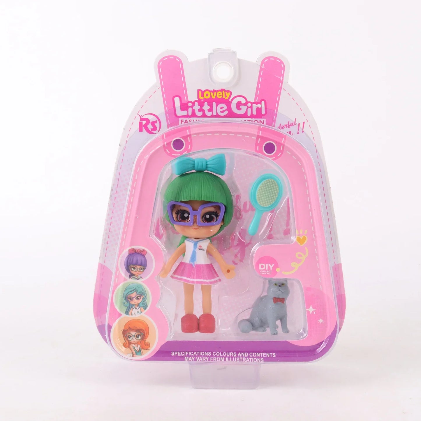Muñeca miniatura con mascota coleccionable Verde