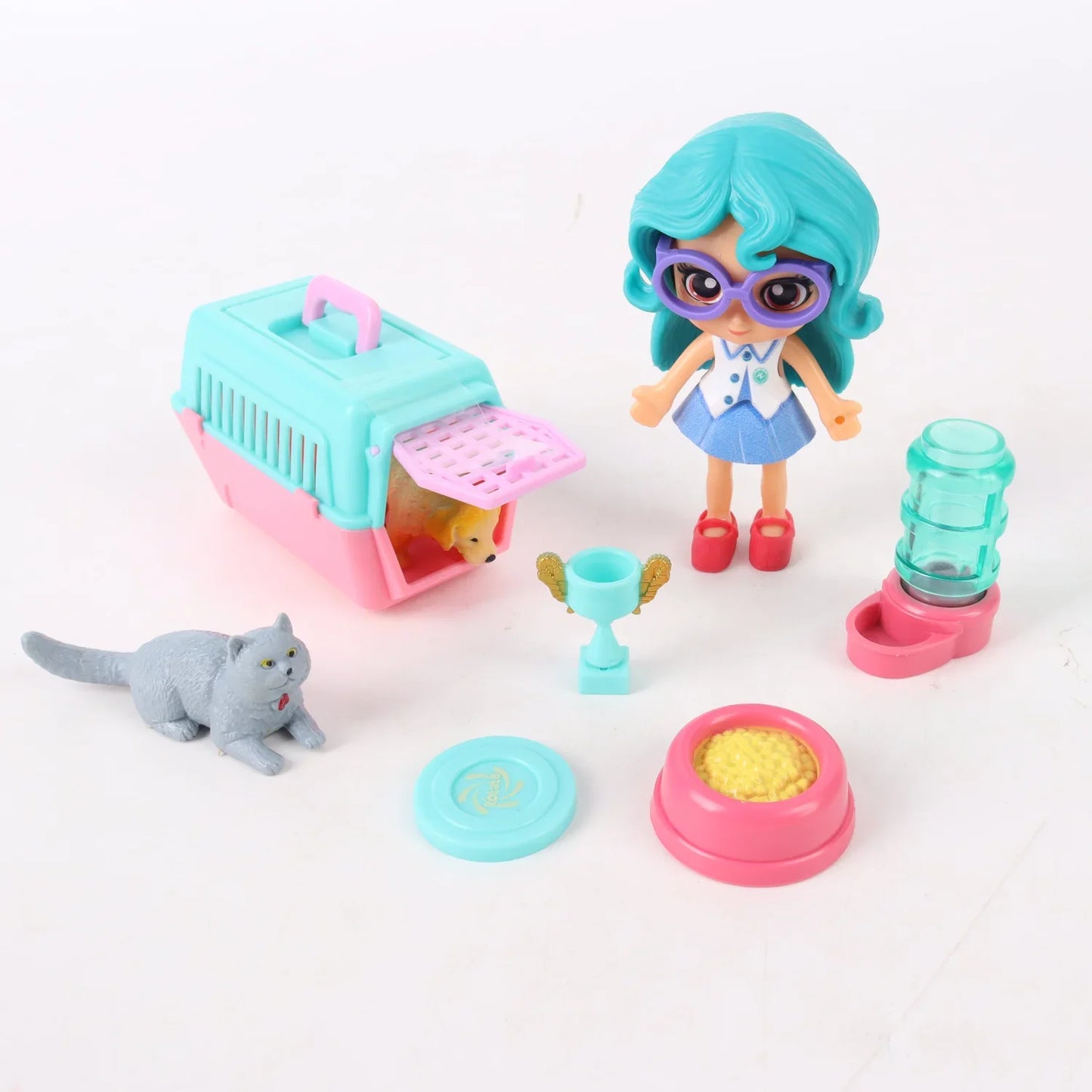 Set de juego muñeca con mascota y accesorios Azul