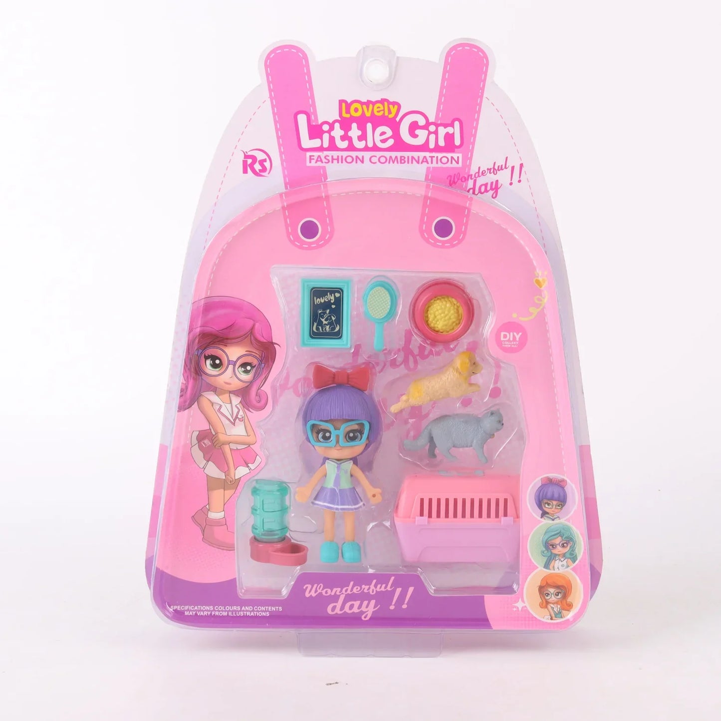 Set de juego muñeca con mascota y accesorios Morado