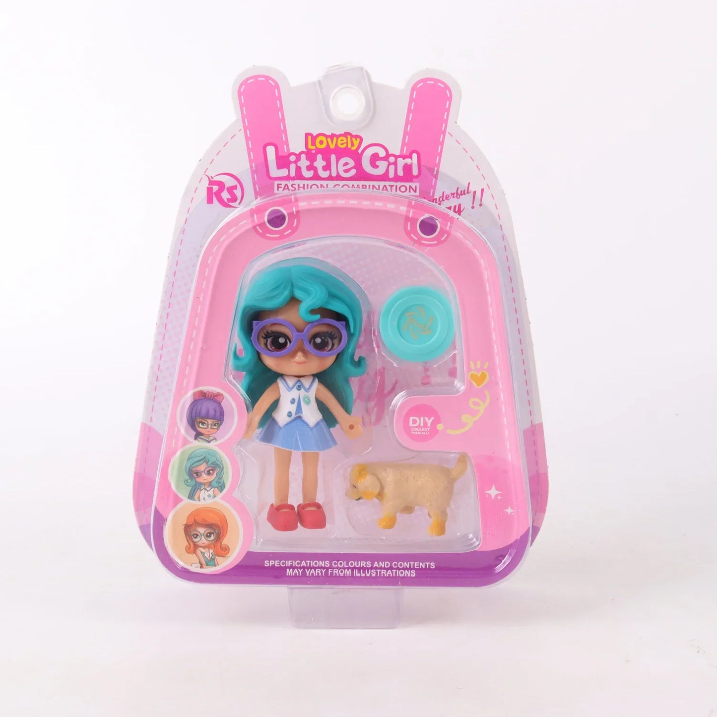 Muñeca miniatura con mascota coleccionable Azul